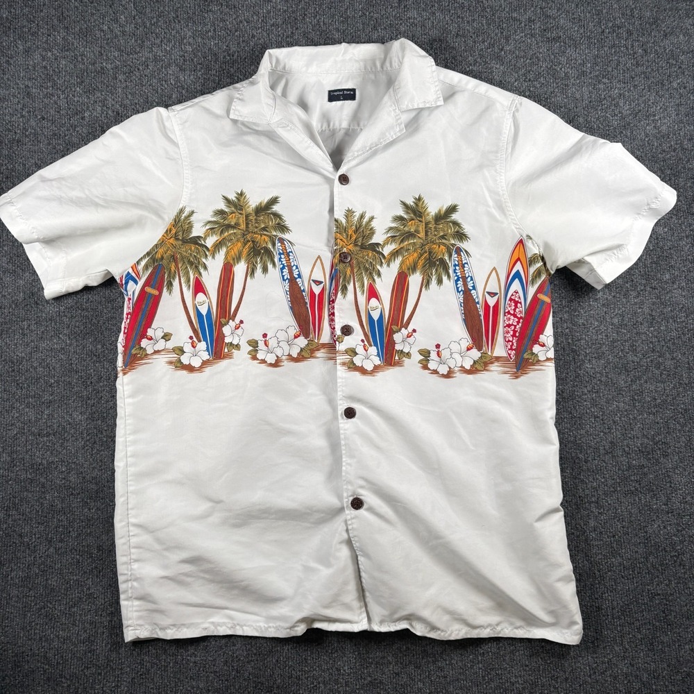 Tropical‎ Storm Hawaiian Shirt Mens Large White Surfboards Palm Trees Graphic